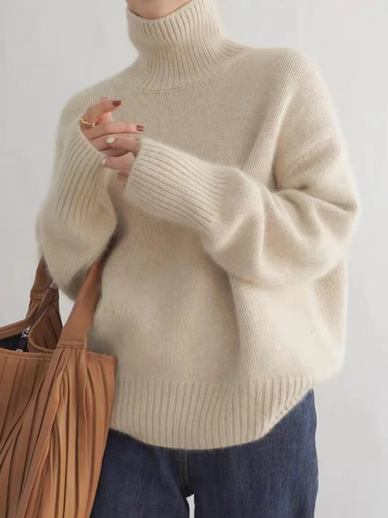 MVLYFLRT Autumn and Winter New 100% merino Wool Sweater Women's Knitted High Neck Pullover Casual Loose Large Size tops