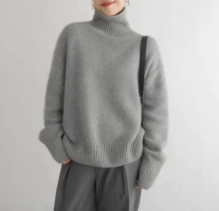 MVLYFLRT Autumn and Winter New 100% merino Wool Sweater Women's Knitted High Neck Pullover Casual Loose Large Size tops