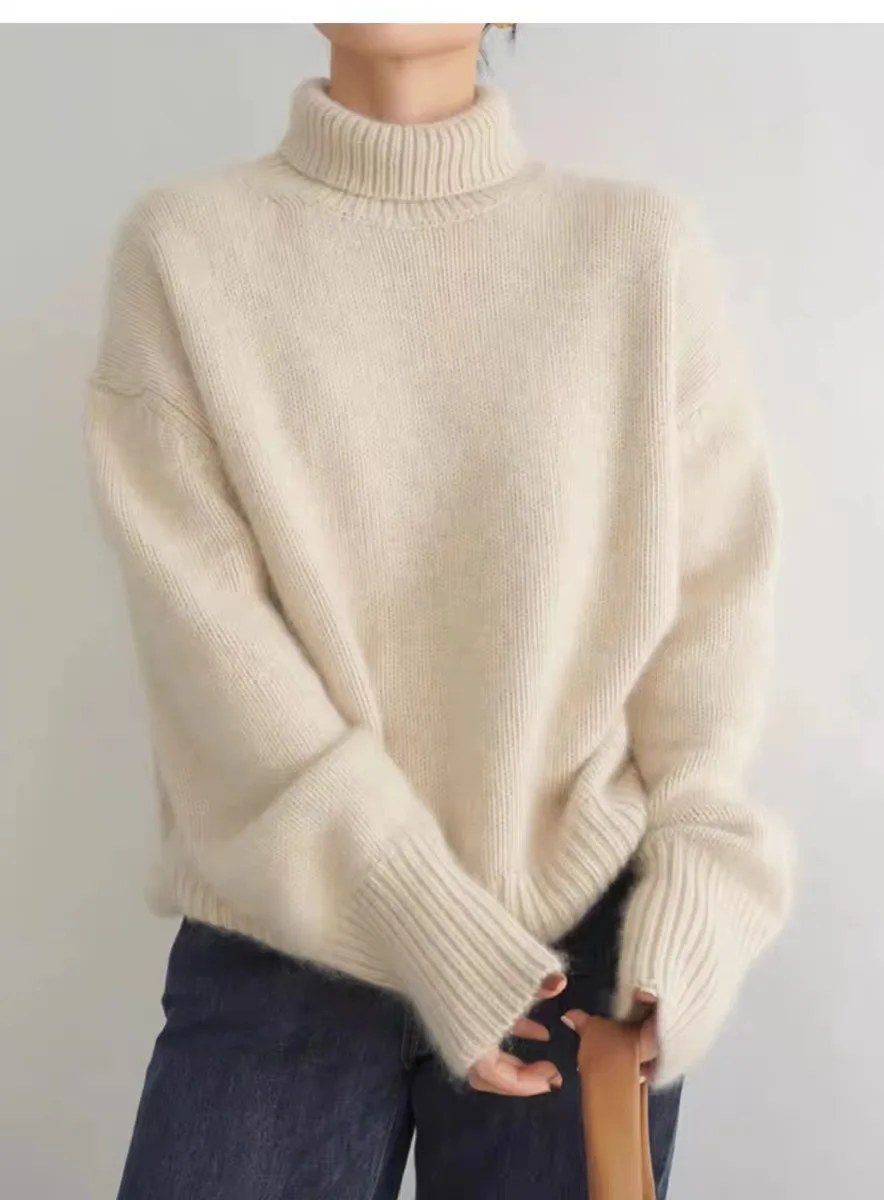 MVLYFLRT Autumn and Winter New 100% merino Wool Sweater Women's Knitted High Neck Pullover Casual Loose Large Size tops