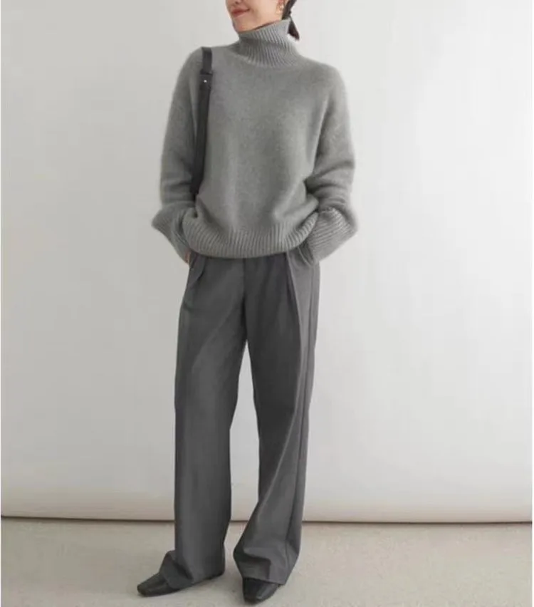 MVLYFLRT Autumn and Winter New 100% merino Wool Sweater Women's Knitted High Neck Pullover Casual Loose Large Size tops