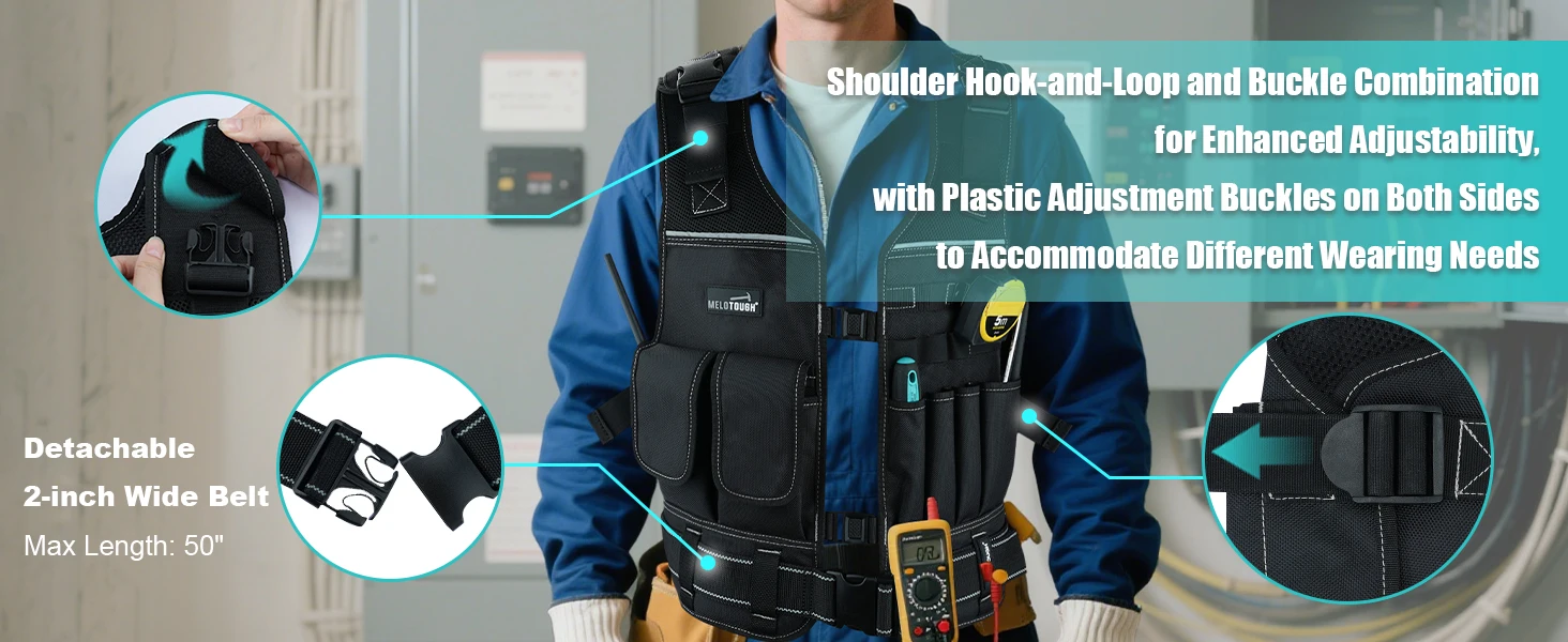Tool Vest for Men with Pouches and Belt, Adjustable Multi-Pocket Safety Tool Vest for Electrician, Carpenter