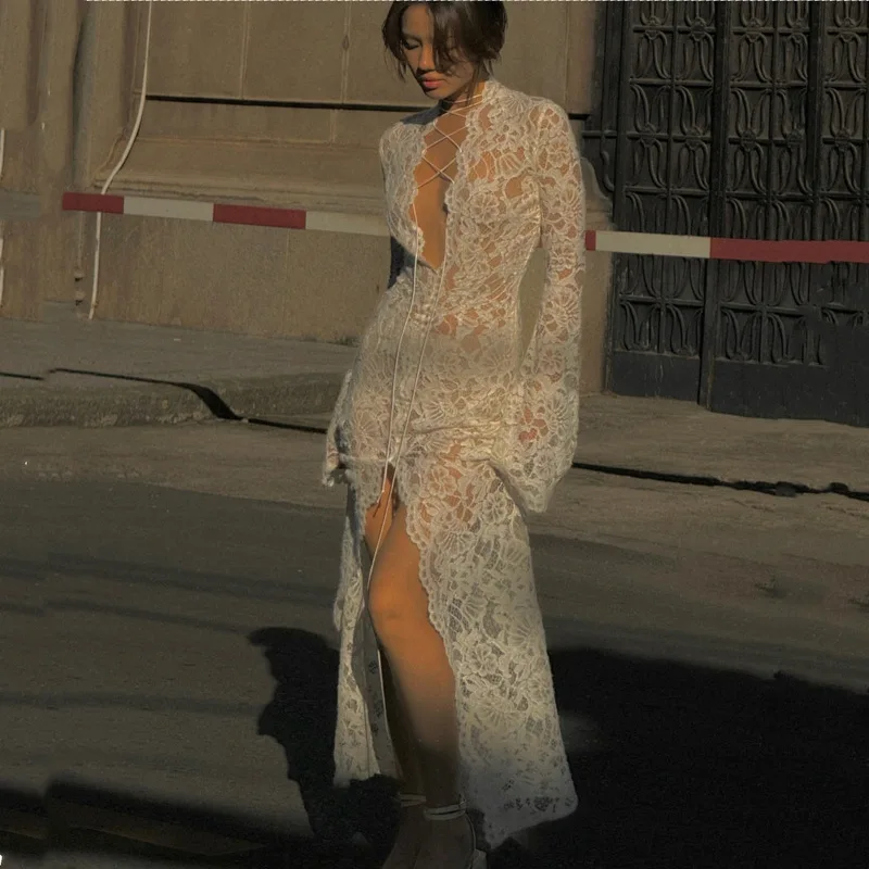 Sexy Lace Women's See-Through Curvy Dresses White Deep V Neck Bandage Slit Long Sleeve Maxi Dress 2025 Summer Evening Party Club