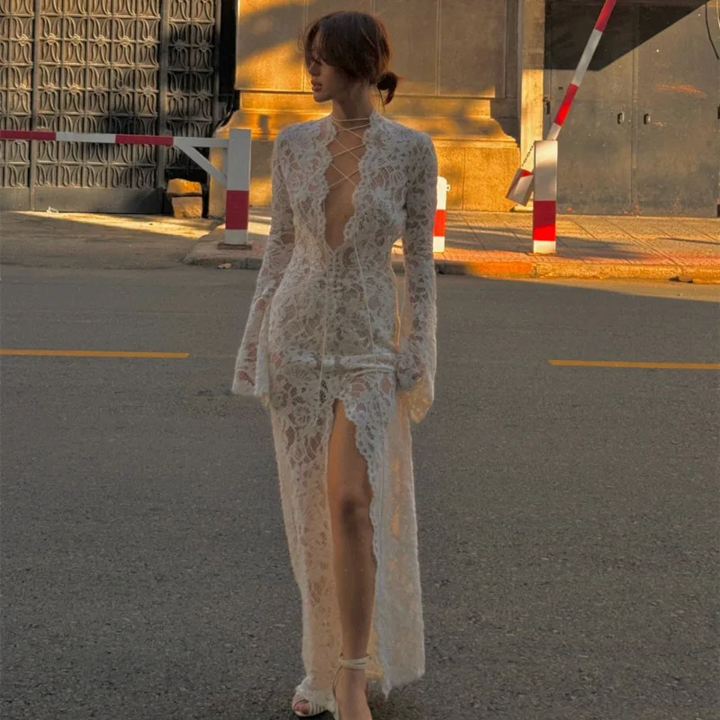 Sexy Lace Women's See-Through Curvy Dresses White Deep V Neck Bandage Slit Long Sleeve Maxi Dress 2025 Summer Evening Party Club