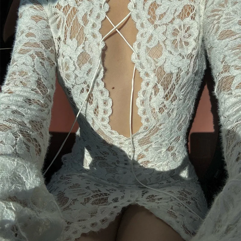 Sexy Lace Women's See-Through Curvy Dresses White Deep V Neck Bandage Slit Long Sleeve Maxi Dress 2025 Summer Evening Party Club