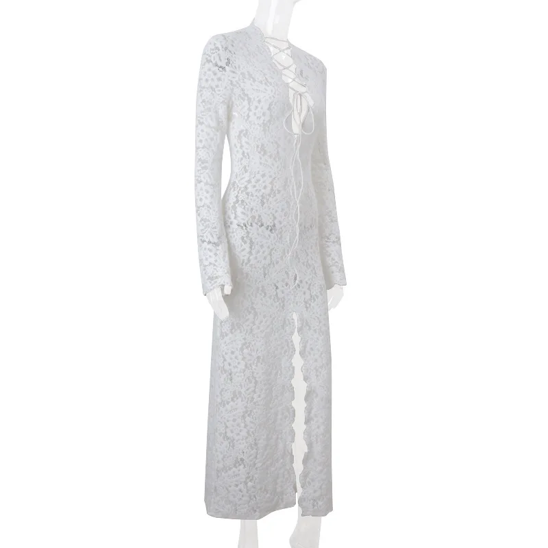 Sexy Lace Women's See-Through Curvy Dresses White Deep V Neck Bandage Slit Long Sleeve Maxi Dress 2025 Summer Evening Party Club