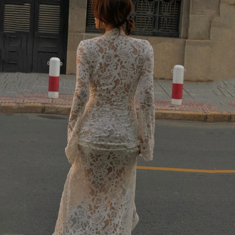 Sexy Lace Women's See-Through Curvy Dresses White Deep V Neck Bandage Slit Long Sleeve Maxi Dress 2025 Summer Evening Party Club