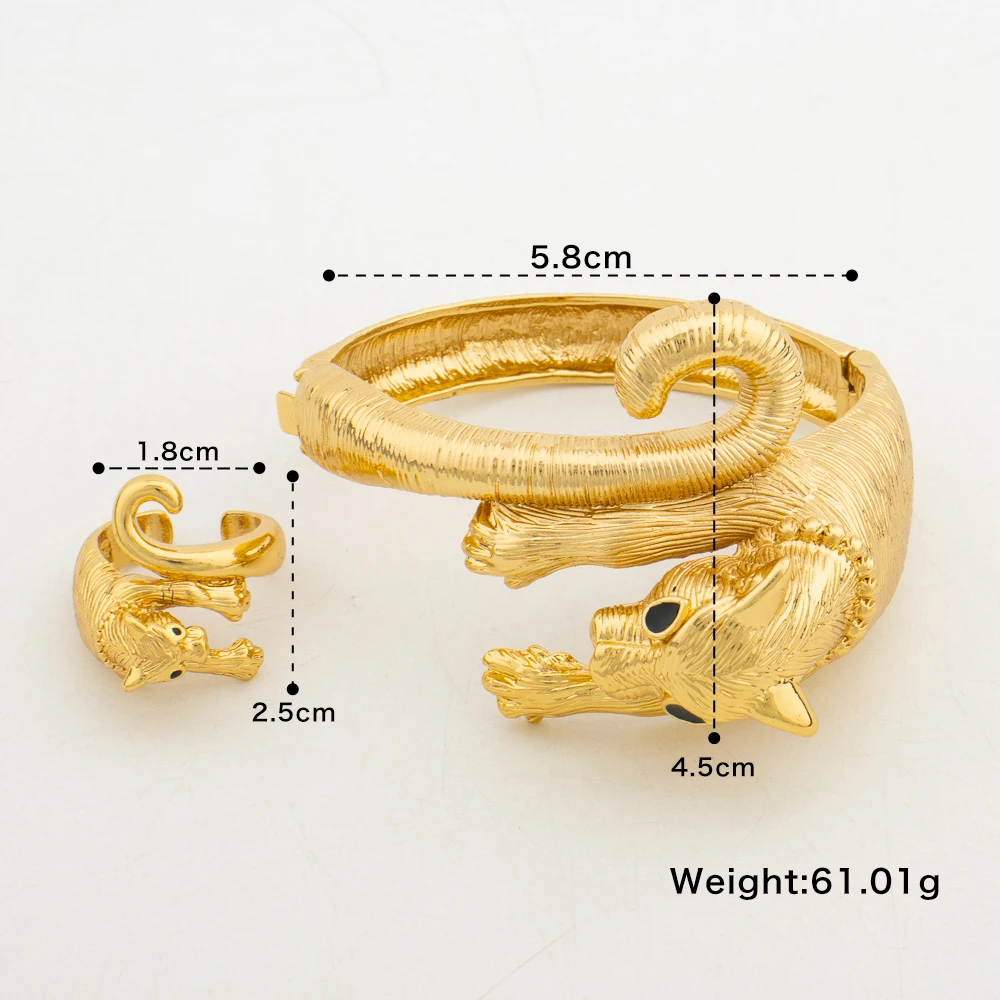 Exaggerate Leopard Bangle with Ring Jewelry Set for Women Dubai Gold Color Cuff Bangle Twisted Jewelry 2Pcs Set for Gifts