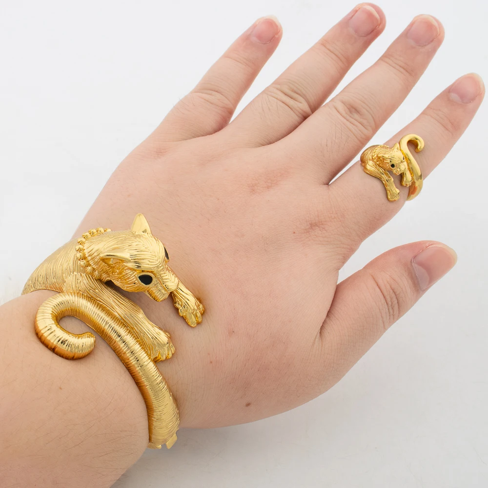 Exaggerate Leopard Bangle with Ring Jewelry Set for Women Dubai Gold Color Cuff Bangle Twisted Jewelry 2Pcs Set for Gifts