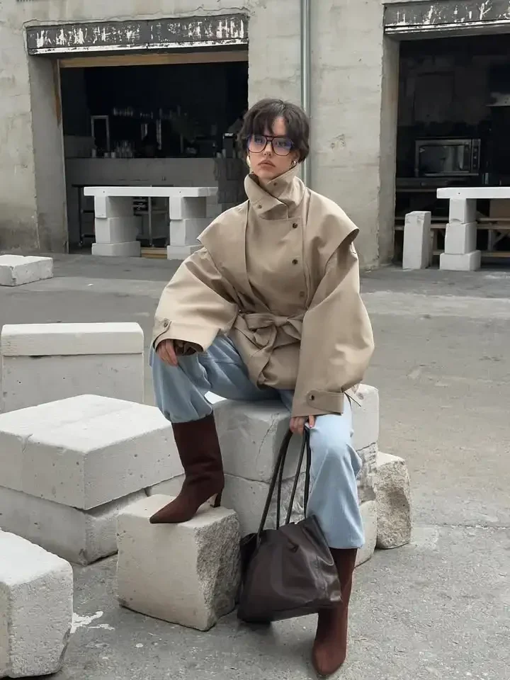 Lace Up Stand Collar Trench Coat Women Chic Lapel Single Breasted Waist Cinching Lady Autumn Commute Street Coats