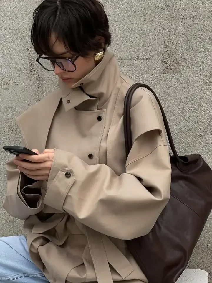 Lace Up Stand Collar Trench Coat Women Chic Lapel Single Breasted Waist Cinching Lady Autumn Commute Street Coats