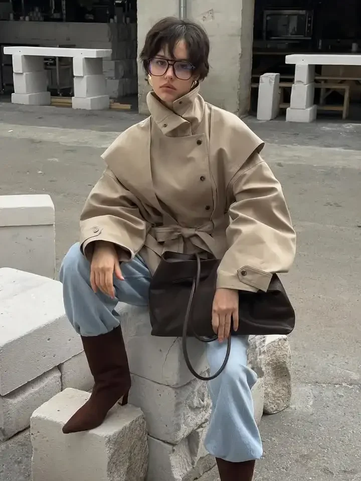Lace Up Stand Collar Trench Coat Women Chic Lapel Single Breasted Waist Cinching Lady Autumn Commute Street Coats
