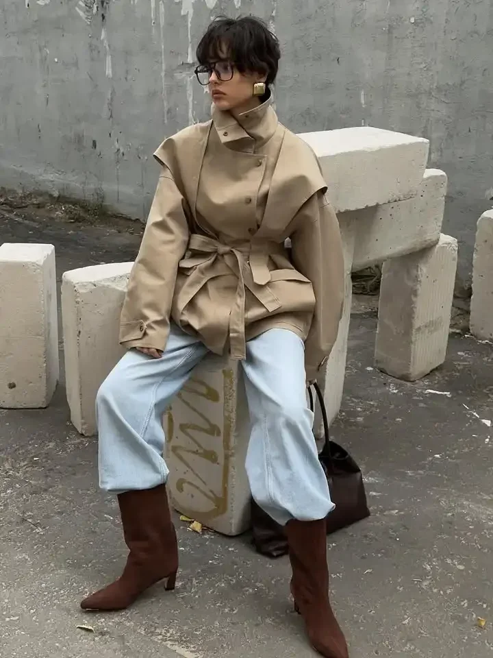 Lace Up Stand Collar Trench Coat Women Chic Lapel Single Breasted Waist Cinching Lady Autumn Commute Street Coats