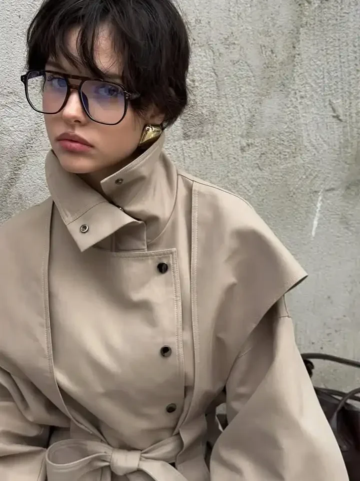 Lace Up Stand Collar Trench Coat Women Chic Lapel Single Breasted Waist Cinching Lady Autumn Commute Street Coats