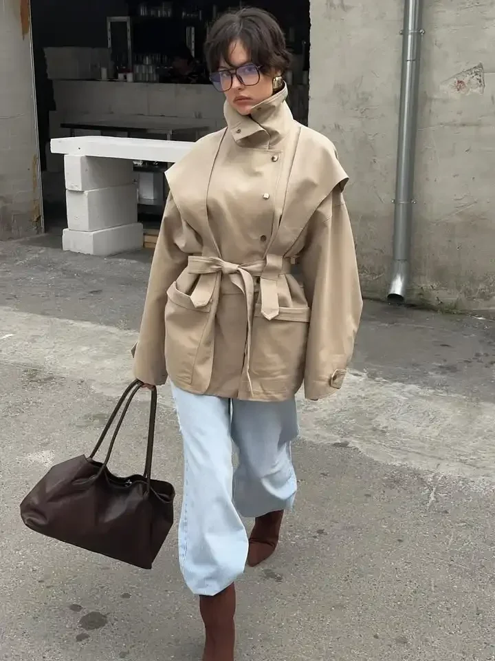 Lace Up Stand Collar Trench Coat Women Chic Lapel Single Breasted Waist Cinching Lady Autumn Commute Street Coats