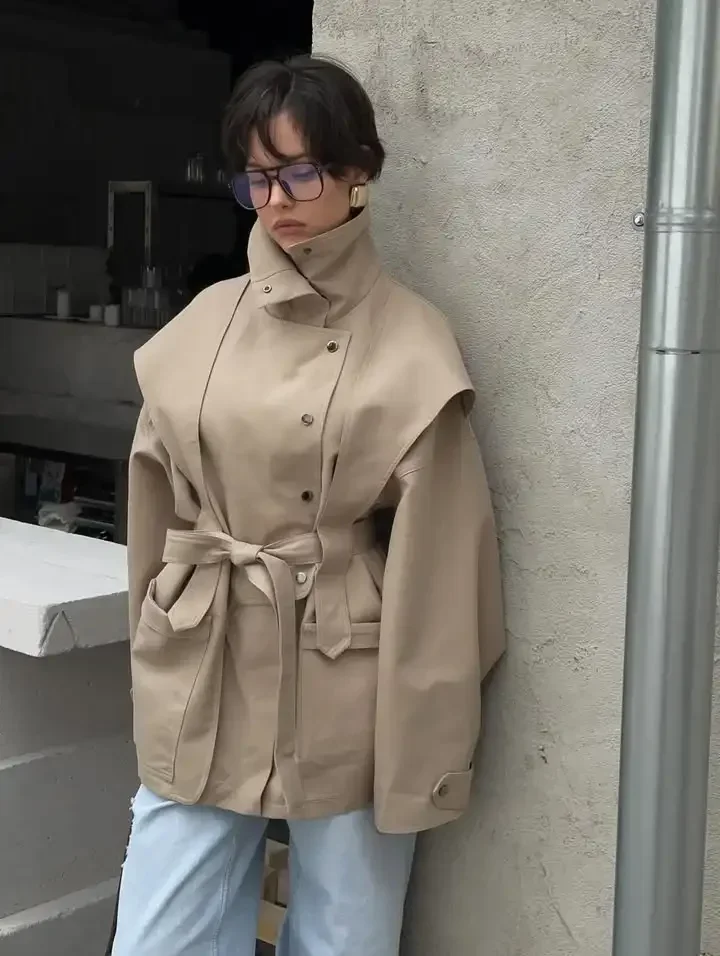 Lace Up Stand Collar Trench Coat Women Chic Lapel Single Breasted Waist Cinching Lady Autumn Commute Street Coats