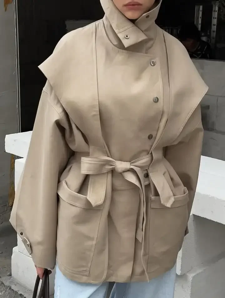 Lace Up Stand Collar Trench Coat Women Chic Lapel Single Breasted Waist Cinching Lady Autumn Commute Street Coats