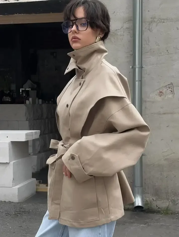 Lace Up Stand Collar Trench Coat Women Chic Lapel Single Breasted Waist Cinching Lady Autumn Commute Street Coats