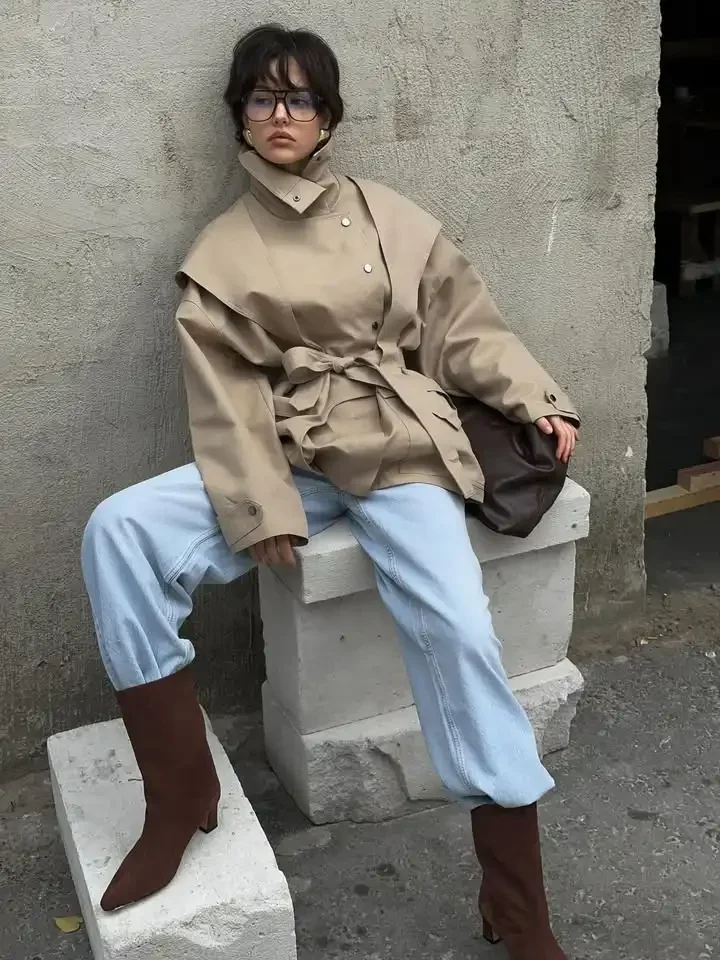 Lace Up Stand Collar Trench Coat Women Chic Lapel Single Breasted Waist Cinching Lady Autumn Commute Street Coats