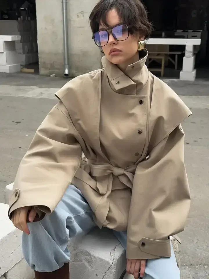 Lace Up Stand Collar Trench Coat Women Chic Lapel Single Breasted Waist Cinching Lady Autumn Commute Street Coats