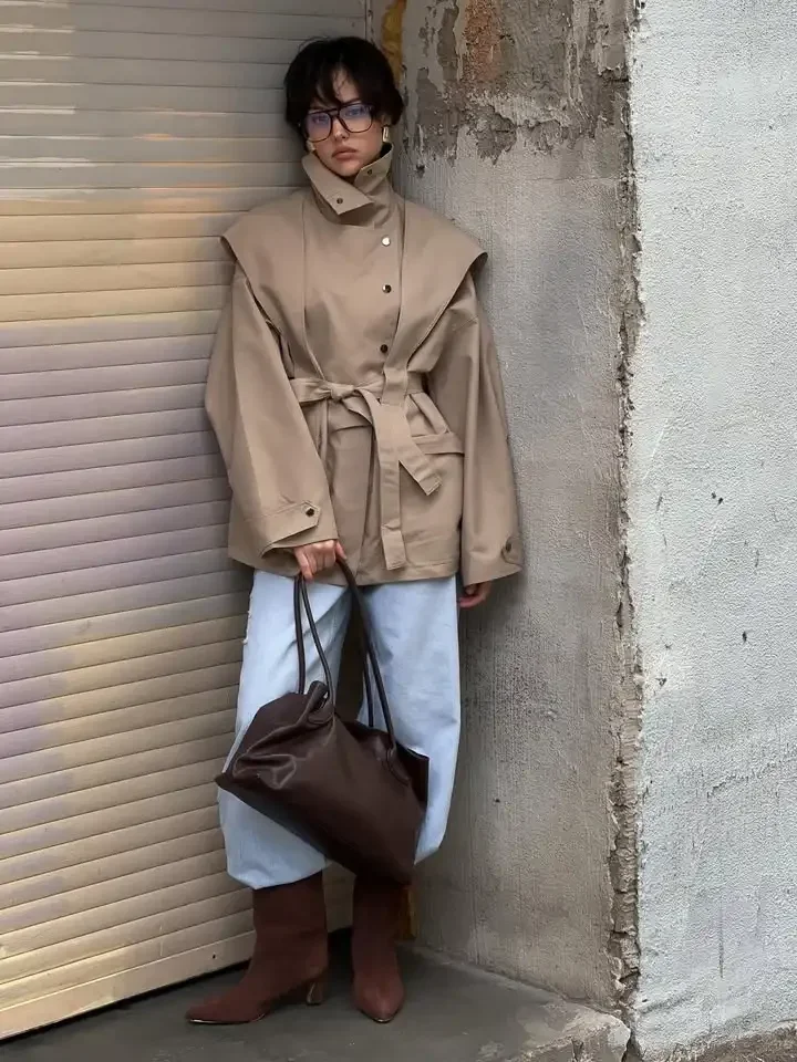 Lace Up Stand Collar Trench Coat Women Chic Lapel Single Breasted Waist Cinching Lady Autumn Commute Street Coats