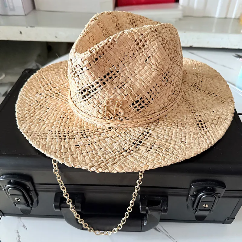 Original Designer Style Hats Metal Letters RB Chain Raffia Panama Handmade Straw Hat For Women Summer Beach Wide Brim Sun Hat