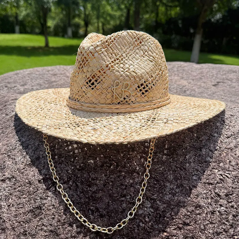 Original Designer Style Hats Metal Letters RB Chain Raffia Panama Handmade Straw Hat For Women Summer Beach Wide Brim Sun Hat