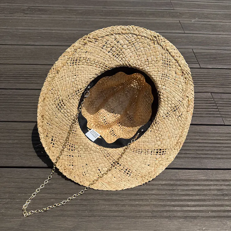 Original Designer Style Hats Metal Letters RB Chain Raffia Panama Handmade Straw Hat For Women Summer Beach Wide Brim Sun Hat
