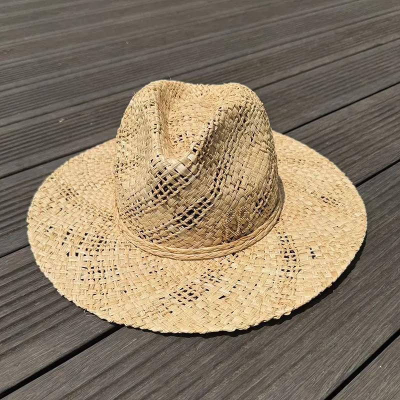 Original Designer Style Hats Metal Letters RB Chain Raffia Panama Handmade Straw Hat For Women Summer Beach Wide Brim Sun Hat