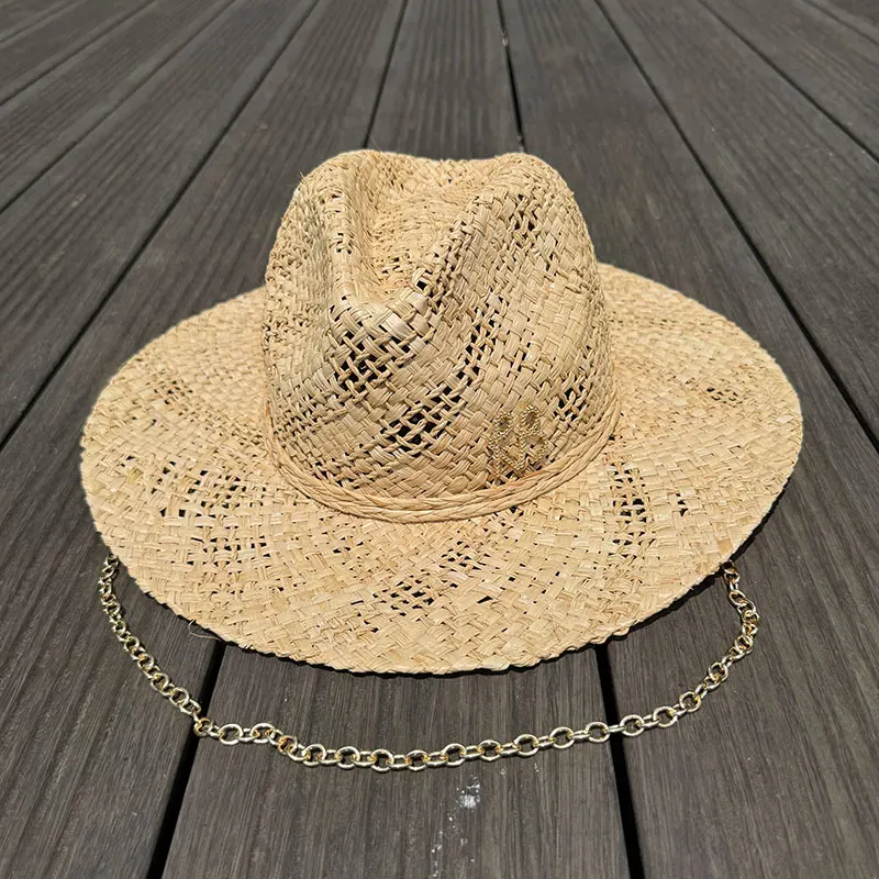 Original Designer Style Hats Metal Letters RB Chain Raffia Panama Handmade Straw Hat For Women Summer Beach Wide Brim Sun Hat