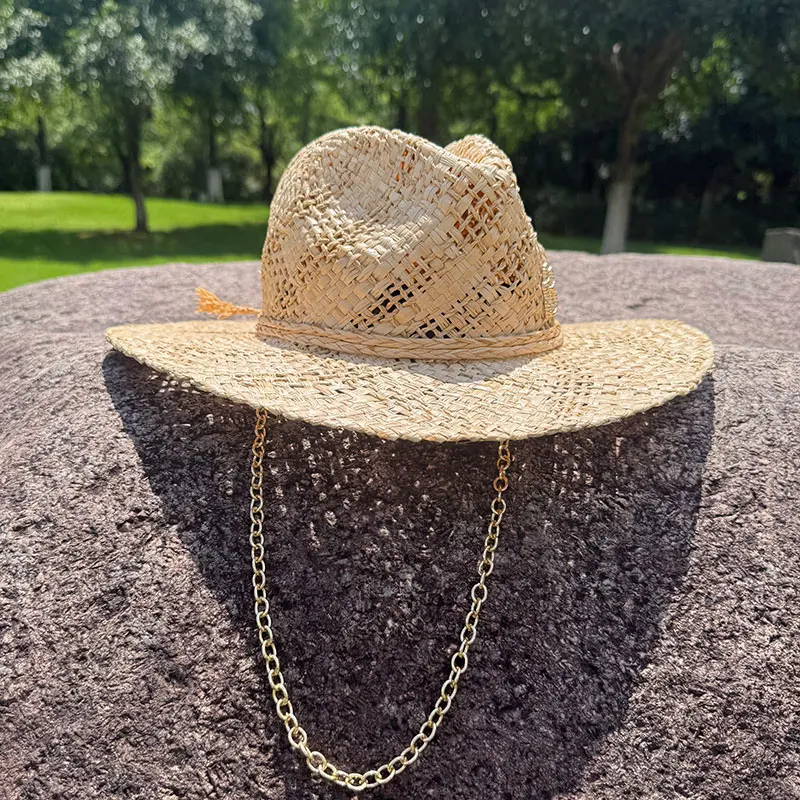 Original Designer Style Hats Metal Letters RB Chain Raffia Panama Handmade Straw Hat For Women Summer Beach Wide Brim Sun Hat