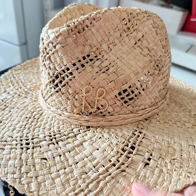 Original Designer Style Hats Metal Letters RB Chain Raffia Panama Handmade Straw Hat For Women Summer Beach Wide Brim Sun Hat