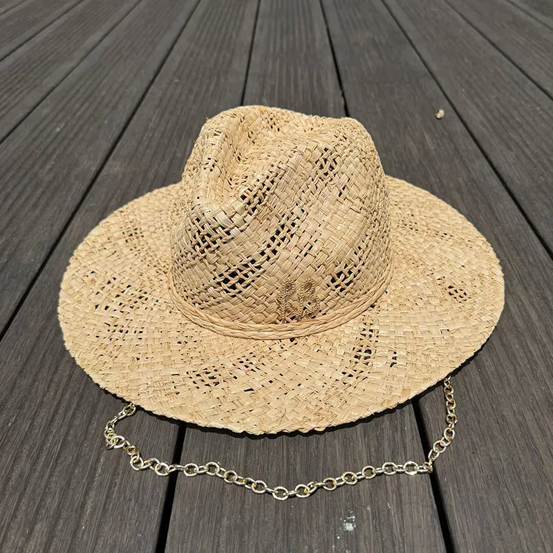 Original Designer Style Hats Metal Letters RB Chain Raffia Panama Handmade Straw Hat For Women Summer Beach Wide Brim Sun Hat