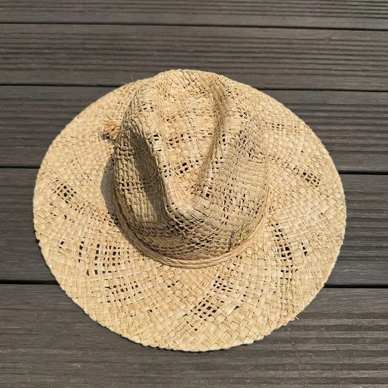 Original Designer Style Hats Metal Letters RB Chain Raffia Panama Handmade Straw Hat For Women Summer Beach Wide Brim Sun Hat