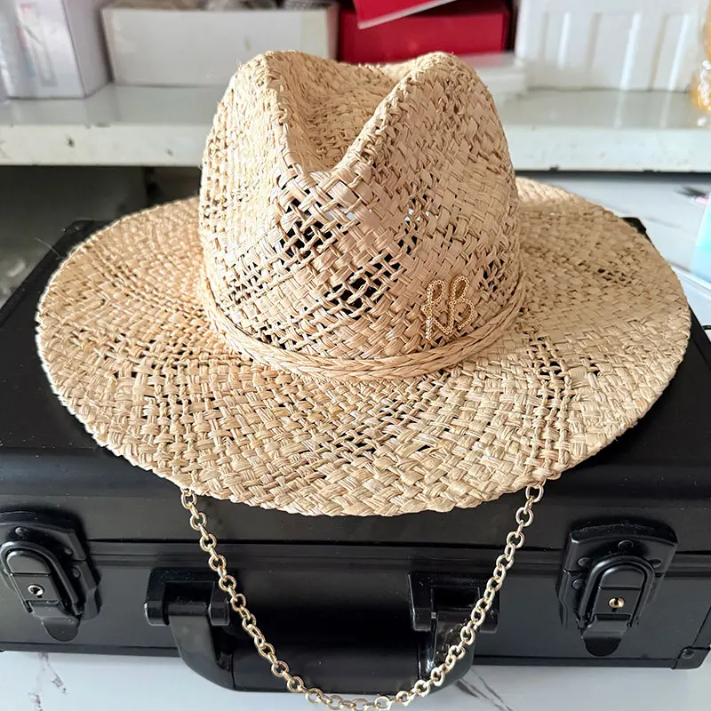 Original Designer Style Hats Metal Letters RB Chain Raffia Panama Handmade Straw Hat For Women Summer Beach Wide Brim Sun Hat