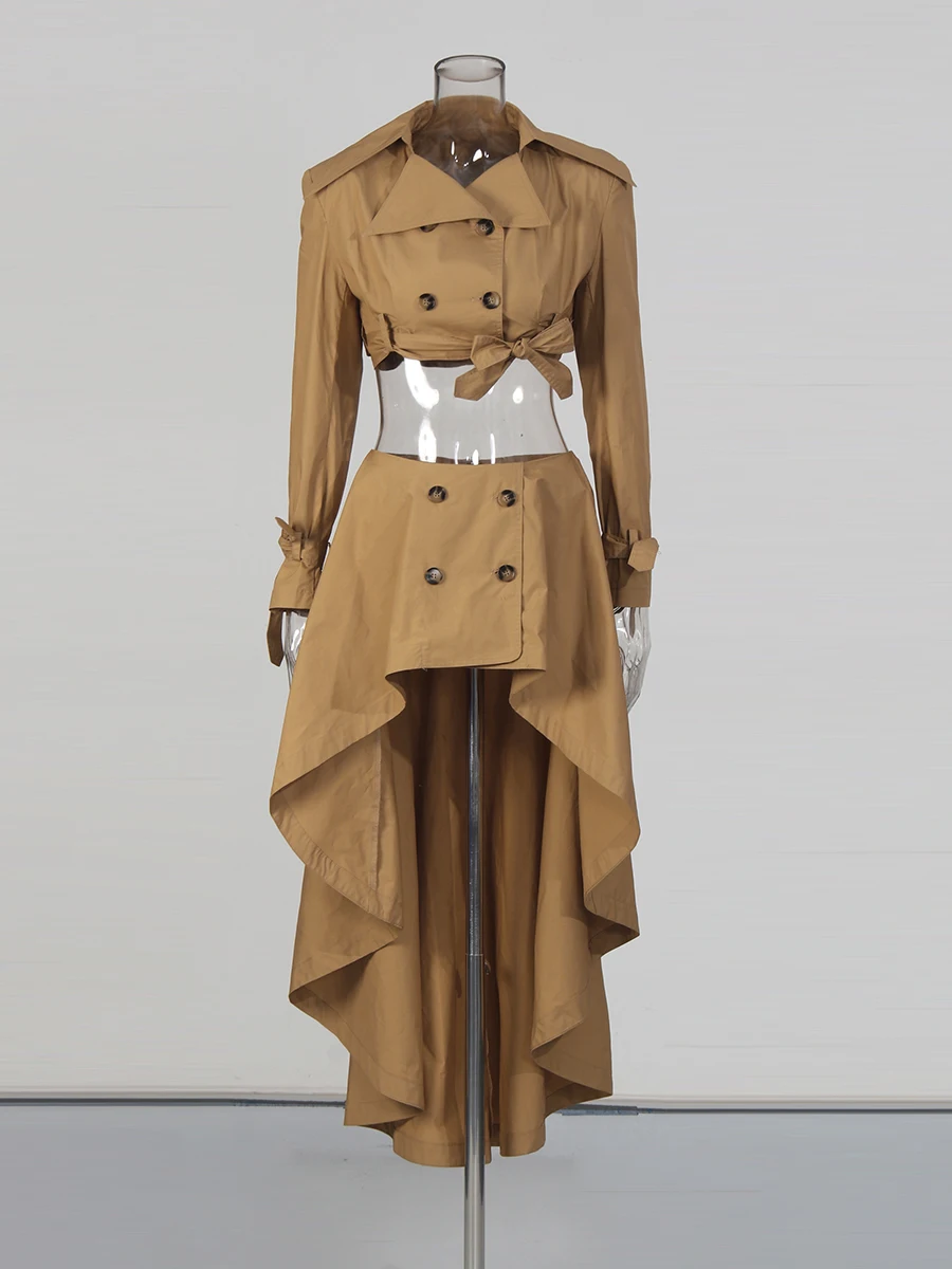 TWOTWINSTYLE Solid Spliced Double Breasted Two Piece Sets for Women Lapel Long Sleeves Short Top High Waist Skirt Set Female New