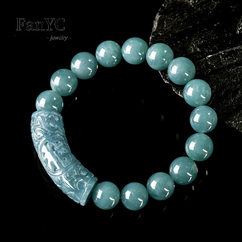 Genuine Natural Jadeite Blue Water ‘Fu’ Character Curved Bracelet Ice-Type Jadeite Unisex Vintage Luxury Bracelet
