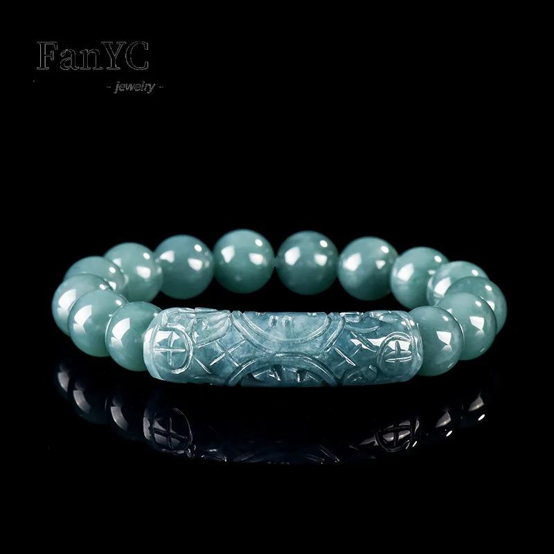 Genuine Natural Jadeite Blue Water ‘Fu’ Character Curved Bracelet Ice-Type Jadeite Unisex Vintage Luxury Bracelet