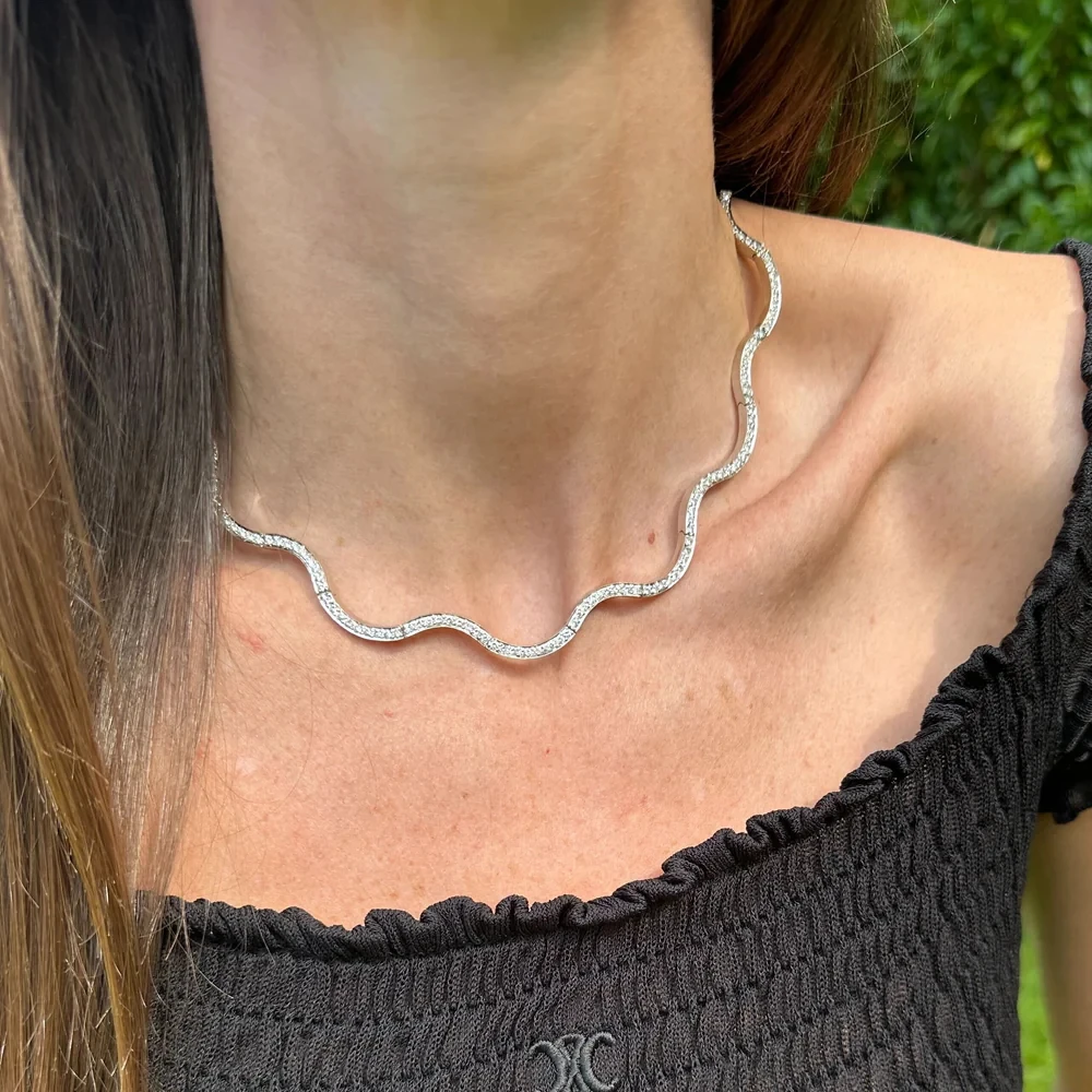 New Wave Shape Tennis Necklaces for Women Bezel Setting Shiny Full Cubic Zirconia Gold Platinum Color Fashion Jewelry for Party