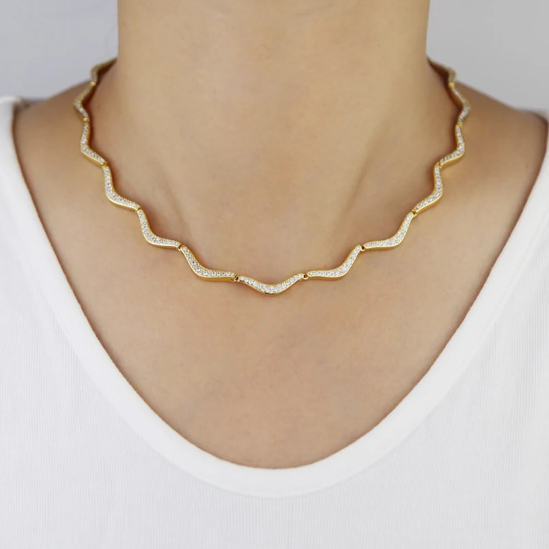 New Wave Shape Tennis Necklaces for Women Bezel Setting Shiny Full Cubic Zirconia Gold Platinum Color Fashion Jewelry for Party