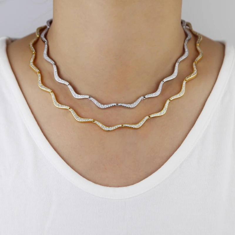 New Wave Shape Tennis Necklaces for Women Bezel Setting Shiny Full Cubic Zirconia Gold Platinum Color Fashion Jewelry for Party