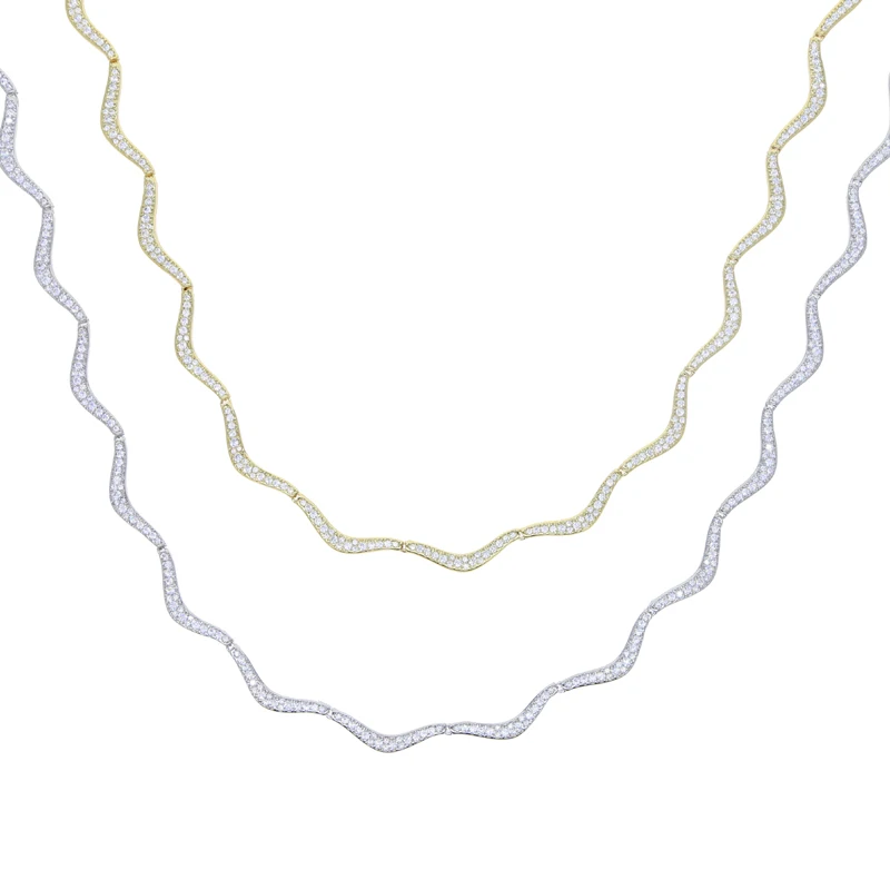 New Wave Shape Tennis Necklaces for Women Bezel Setting Shiny Full Cubic Zirconia Gold Platinum Color Fashion Jewelry for Party