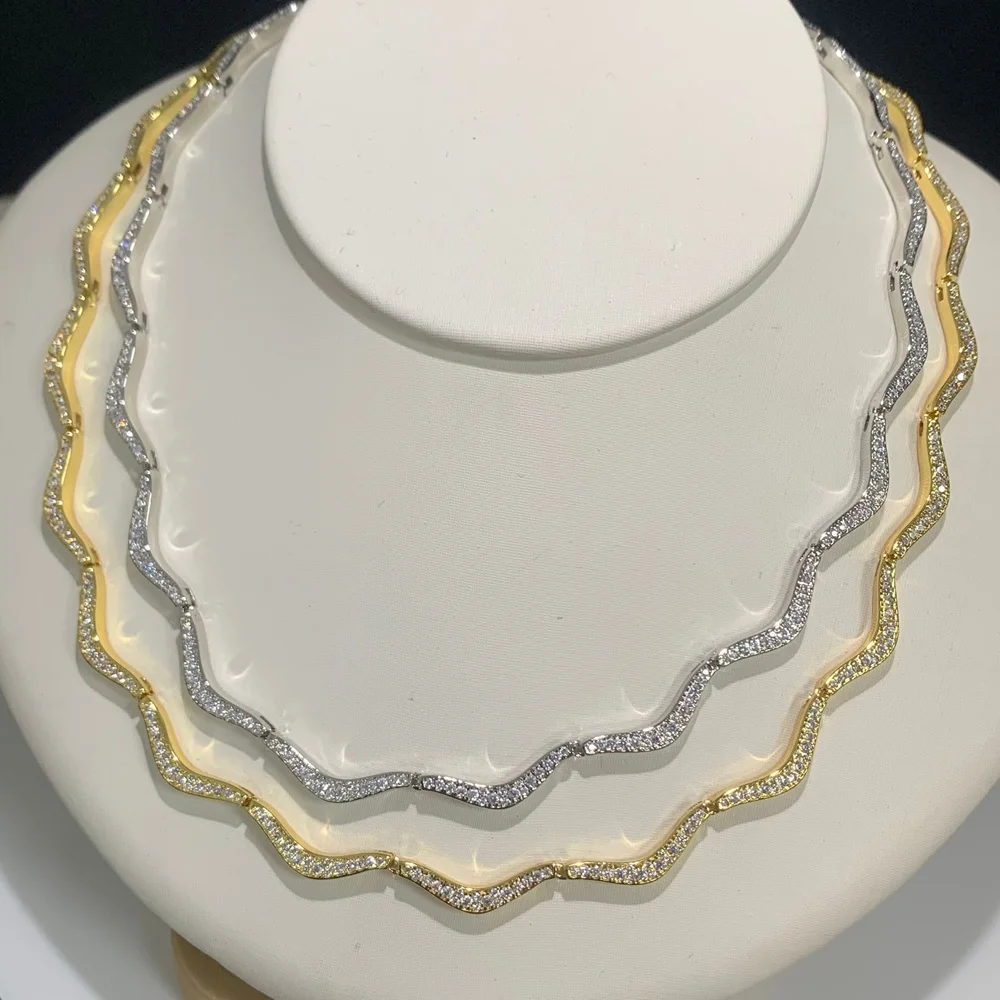 New Wave Shape Tennis Necklaces for Women Bezel Setting Shiny Full Cubic Zirconia Gold Platinum Color Fashion Jewelry for Party