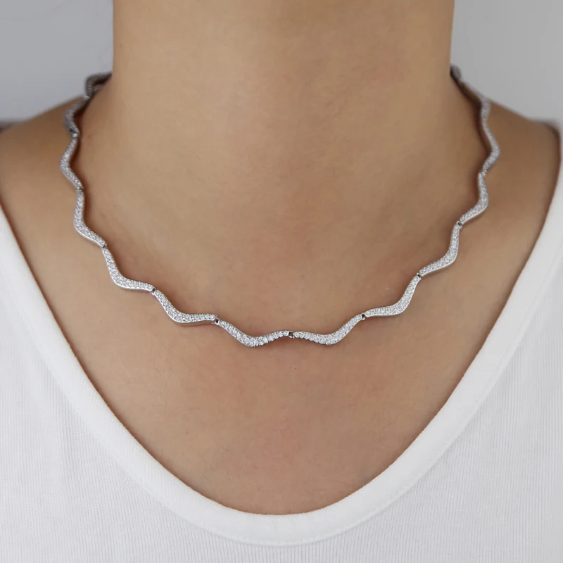 New Wave Shape Tennis Necklaces for Women Bezel Setting Shiny Full Cubic Zirconia Gold Platinum Color Fashion Jewelry for Party