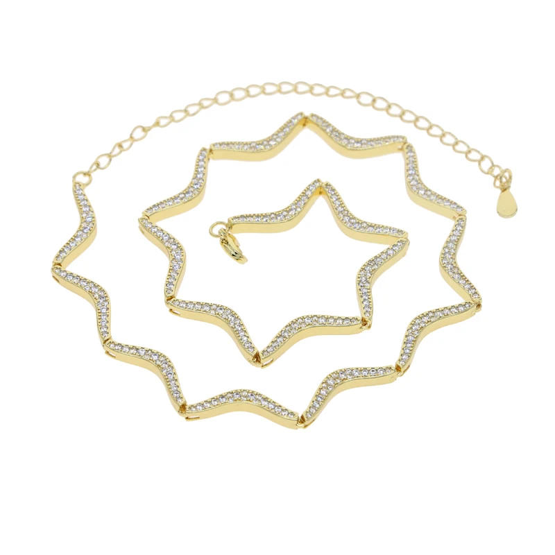 New Wave Shape Tennis Necklaces for Women Bezel Setting Shiny Full Cubic Zirconia Gold Platinum Color Fashion Jewelry for Party