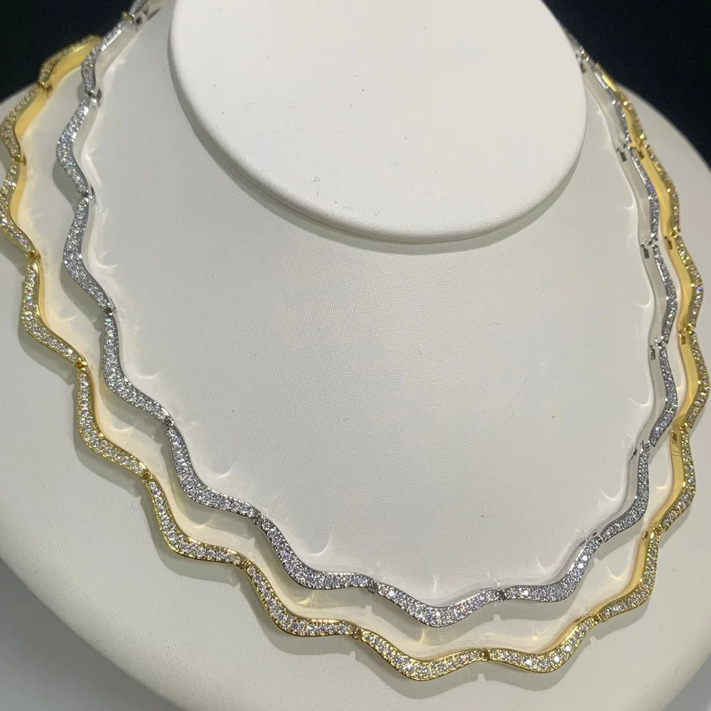 New Wave Shape Tennis Necklaces for Women Bezel Setting Shiny Full Cubic Zirconia Gold Platinum Color Fashion Jewelry for Party