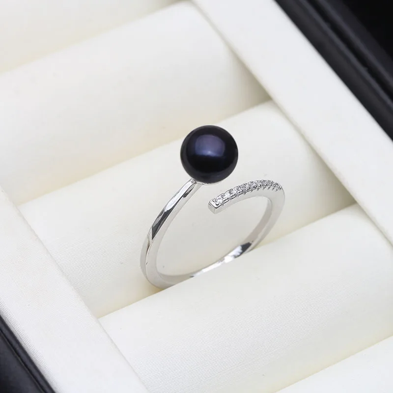 Real Freshwater Natural Black Pearl Rings,Vintage 925 Silver Adjustable Pearl Ring Mother Wife Birthday Gift White Pink Gray
