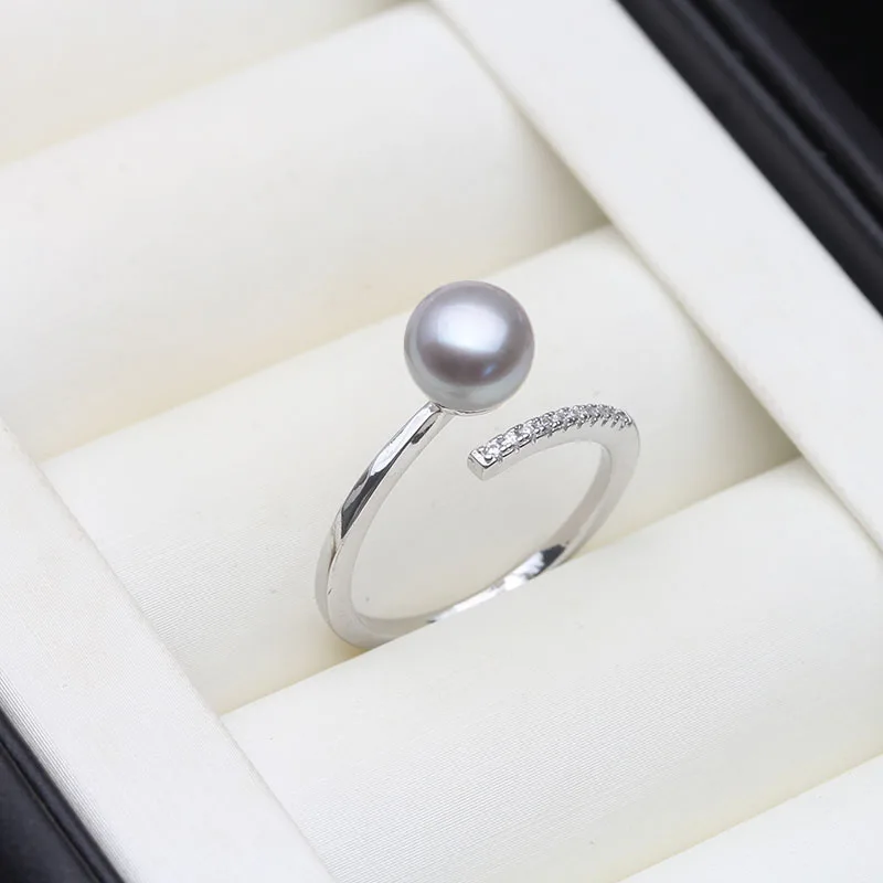 Real Freshwater Natural Black Pearl Rings,Vintage 925 Silver Adjustable Pearl Ring Mother Wife Birthday Gift White Pink Gray
