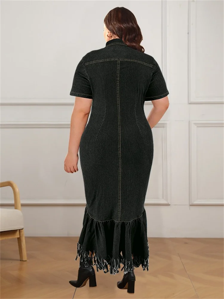 Wmstar Denim Plus Size Dresses for Women Summer Solid Zipper Tassel Hem Fashion Elegant Maxi Dress Wholesale Dropshipping 2024