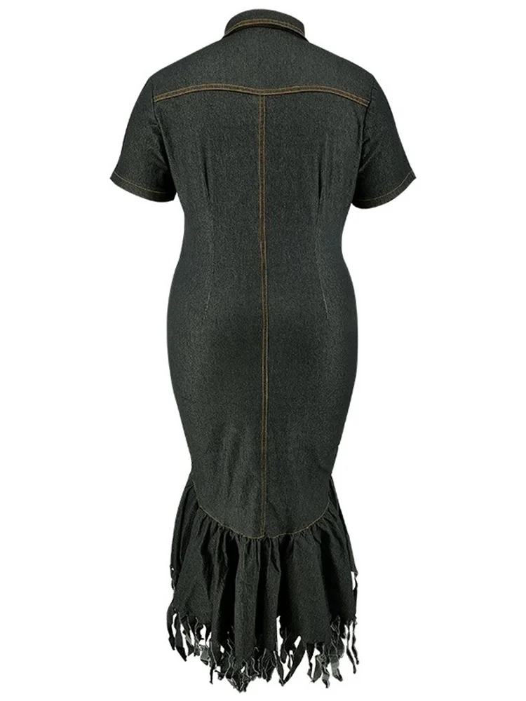 Wmstar Denim Plus Size Dresses for Women Summer Solid Zipper Tassel Hem Fashion Elegant Maxi Dress Wholesale Dropshipping 2024