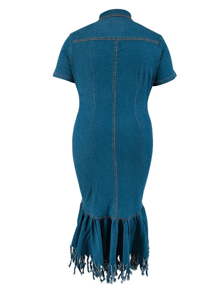 Wmstar Denim Plus Size Dresses for Women Summer Solid Zipper Tassel Hem Fashion Elegant Maxi Dress Wholesale Dropshipping 2024